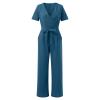 Solid Linen Jumpsuits for Women 2023 Rompers V Neck Belt Overalls Elegant Short Sleeve One Piece Romper with Pockets A-Blue view 3