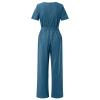 Solid Linen Jumpsuits for Women 2023 Rompers V Neck Belt Overalls Elegant Short Sleeve One Piece Romper with Pockets A-Blue view 4