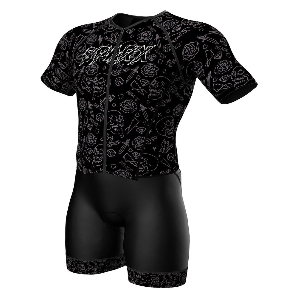 Sparx Mens Elite Aerosuit Triathlon Suit Mens Short Sleeve Tri Suit Skinsuit (Tattoo, XL)