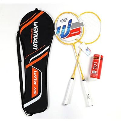 Badminton Set - 2 Badminton Rackets, 3 Feather Shuttlecocks and 1 Racket Bags (Yellow)