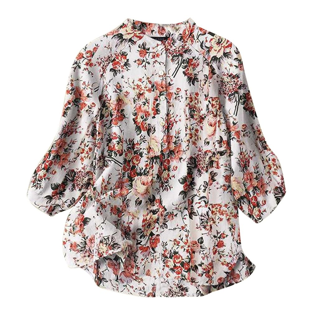 A1 White Floral Print Tops for Teen Girl Casual Spring Sofy Blouses Linen Dressy Holiday Tshirts Tee M