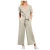 Solid Linen Jumpsuits for Women 2023 Rompers V Neck Belt Overalls Elegant Short Sleeve One Piece Romper with Pockets A-Beige view 1