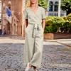 Solid Linen Jumpsuits for Women 2023 Rompers V Neck Belt Overalls Elegant Short Sleeve One Piece Romper with Pockets A-Beige view 2