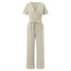 Solid Linen Jumpsuits for Women 2023 Rompers V Neck Belt Overalls Elegant Short Sleeve One Piece Romper with Pockets A-Beige view 3