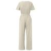 Solid Linen Jumpsuits for Women 2023 Rompers V Neck Belt Overalls Elegant Short Sleeve One Piece Romper with Pockets A-Beige view 4