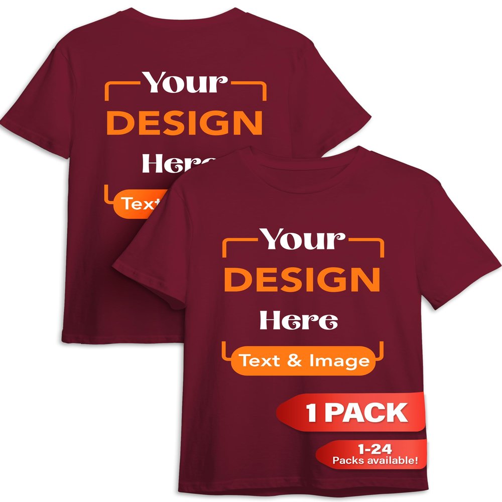 Custom T-Shirt - Personalized Tee Shirts for Men & Women - Customize Your Own US-Cotton Shirt with Front and Back Design add Your Image, Logo, Photo, Text - Tshirt in Garnet, Adult M, 1Pack