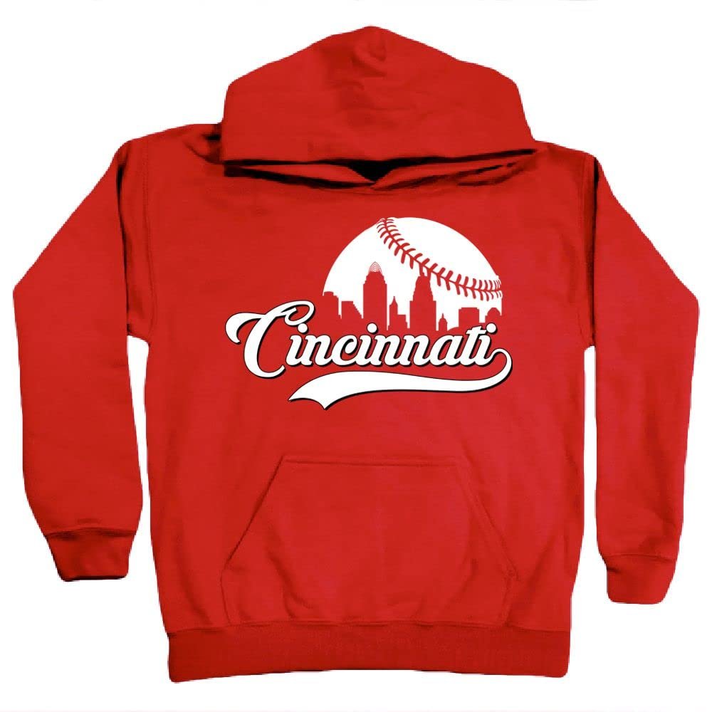 Xtreme Apparrel Cincinnati Baseball Skyline Kid's Fan Hoodie Sweatshirt (Red Hoodie, YS)