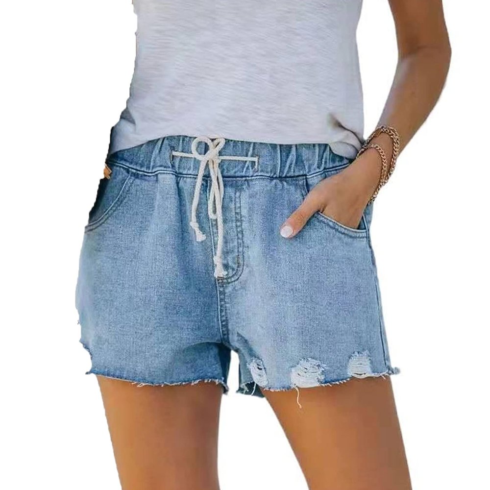 JEKE-DG Womens Elastic Waist Drawstring Denim Shorts Comfy Pocket Shorts Pants Summer Beach Casual Stretchy Jean Shorts (Small,Blue)