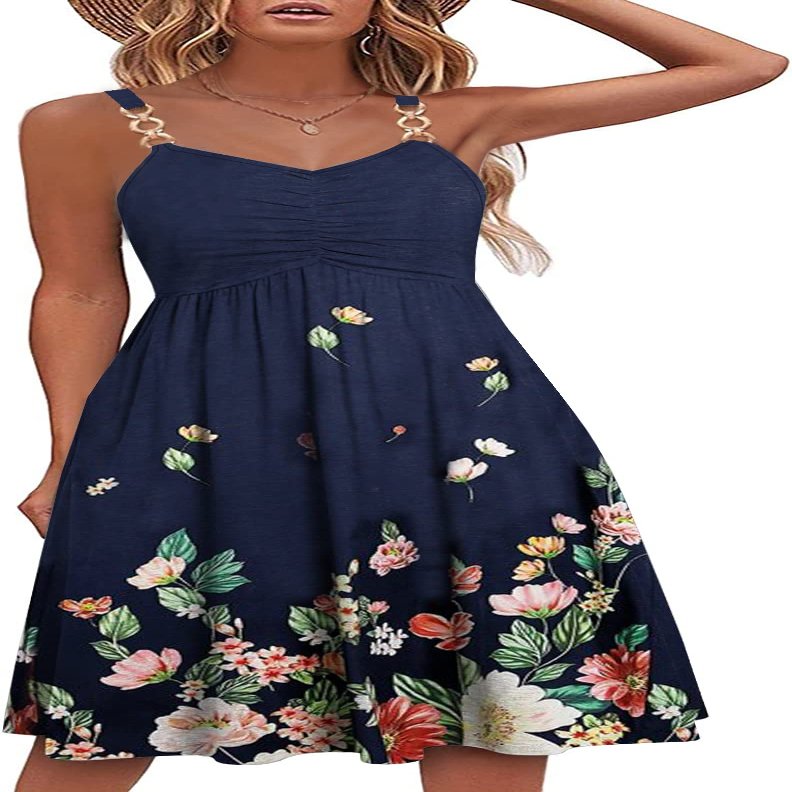 Soesdemo Summer Dresses for Women Sleeveless V Neck Spaghetti Strap A Line 2023 Fashion Sundresses Casual Floral Print Blue Dress with Pockets for Wedding/Graduation/Spring/Beach