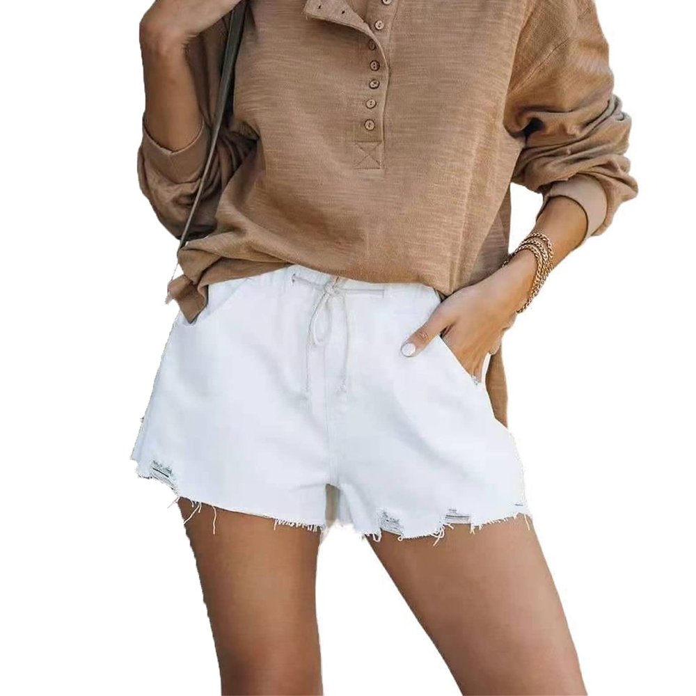 JEKE-DG Womens Elastic Waist Drawstring Denim Shorts Comfy Pocket Shorts Pants Summer Beach Casual Stretchy Jean Shorts (XX-Large,White)