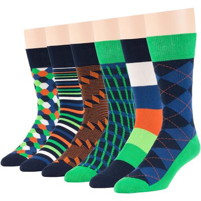 7BIGSTARS KINGDOM Men's Dress Socks Cotton -6 pack- Novelty Bright Casual Seamless Diamond, Argyle, Mosaic, Striped Sock Size 10-13 Shoe Size 9-12 L Dark Navy, Emerald Green, Multicolor