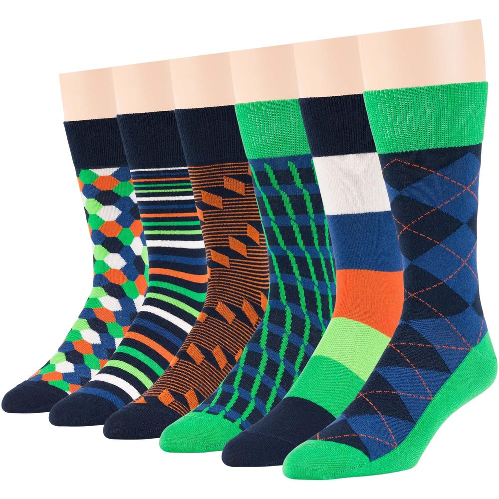 7BIGSTARS KINGDOM Men's Dress Socks Cotton -6 pack- Novelty Bright Casual Seamless Diamond, Argyle, Mosaic, Striped Sock Size 10-13 Shoe Size 9-12 L Dark Navy, Emerald Green, Multicolor