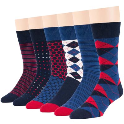 7BIGSTARS KINGDOM Men's Dress Socks Cotton -6 pack- Novelty Casual Seamless Argyle, Diamond, Hexagon, Dotted, Striped Sock Size 10-13 Shoe Size 9-12 L Estate Blue, Dark Navy