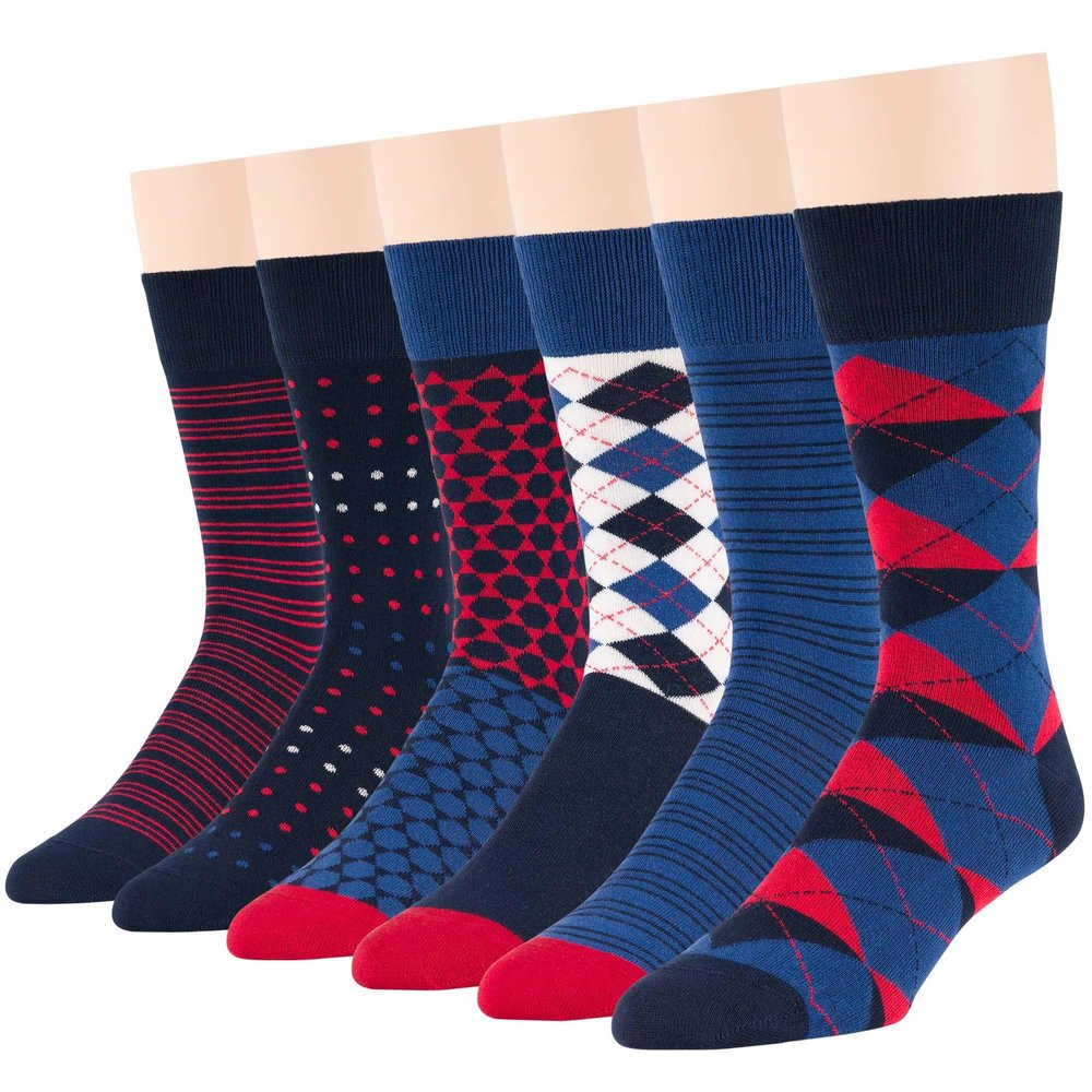 7BIGSTARS KINGDOM Men's Dress Socks Cotton -6 pack- Novelty Casual Seamless Argyle, Diamond, Hexagon, Dotted, Striped Sock Size 10-13 Shoe Size 9-12 L Estate Blue, Dark Navy