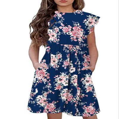 21KIDS Girls Floral Dress Kids Boho Ruffle Sleeve Pleated Casual Dress with Pockets for Girls, Navy, 8 Years