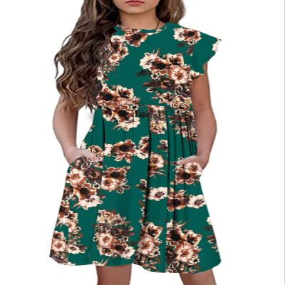 21KIDS Girls Floral Dress Kids Boho Ruffle Sleeve Pleated Casual Dress with Pockets for Girls, Teal, 8 Years