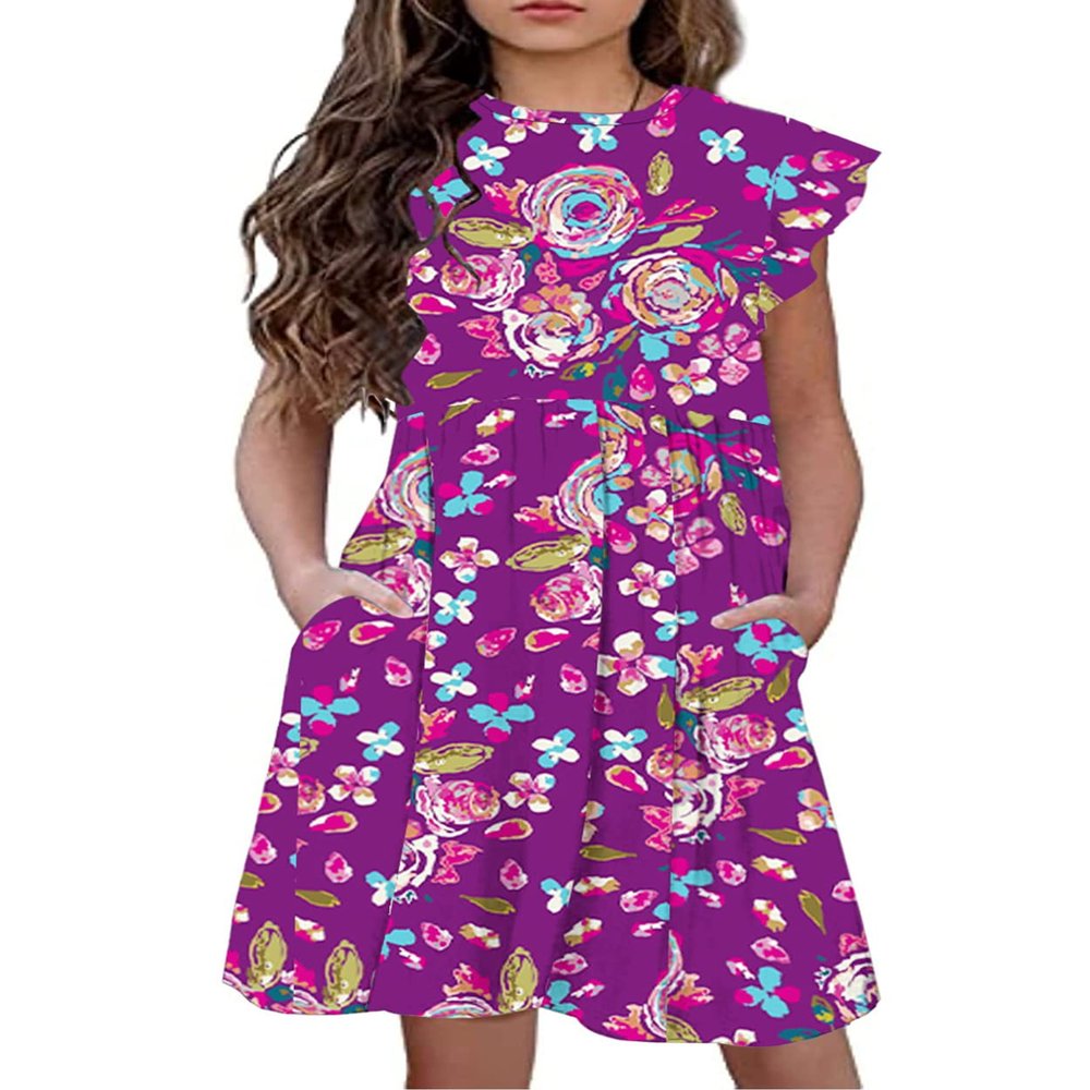 21KIDS Girls Floral Dress Kids Boho Ruffle Sleeve Pleated Casual Dress with Pockets for Girls, Purple, 12 Years