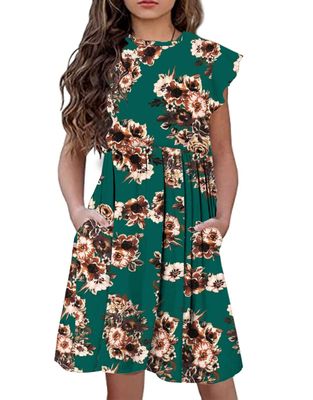 21KIDS Girls Floral Dress Kids Boho Ruffle Sleeve Pleated Casual Dress with Pockets for Girls, Teal, 10 Years