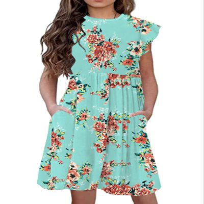 21KIDS Girls Floral Dress Kids Boho Ruffle Sleeve Pleated Casual Dress with Pockets for Girls, Green, 12 Years