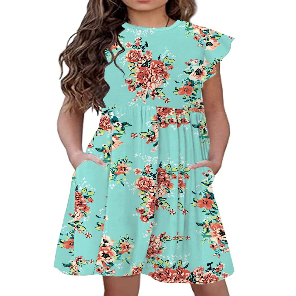 21KIDS Girls Floral Dress Kids Boho Ruffle Sleeve Pleated Casual Dress with Pockets for Girls, Green, 12 Years