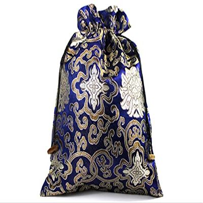 2 Pack Supersize Soulful Hand-Stitched Silk Pouch Warm Touch Chinese Brocade Bag Human-Touched Artisan Drawstring Sack Emotional Craft Gift for Her Unique Handmade Keepsake 8x11 inch (blue)
