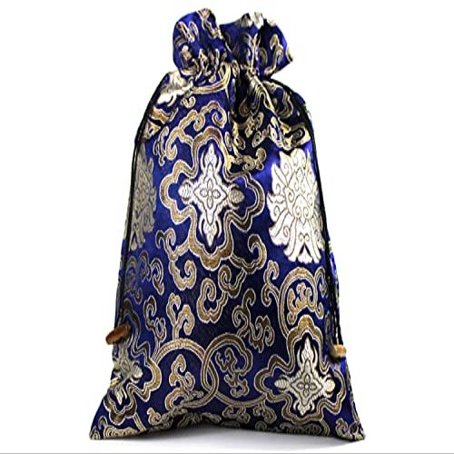 2 Pack Supersize Soulful Hand-Stitched Silk Pouch Warm Touch Chinese Brocade Bag Human-Touched Artisan Drawstring Sack Emotional Craft Gift for Her Unique Handmade Keepsake 8x11 inch (blue)