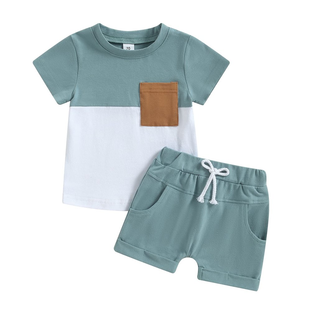LIOMENGZI Toddler Baby Boy Summer Clothes Short Sleeve Contrast Color Pocket T Shirt Tops Solid Drawstring Shorts Outfit Set