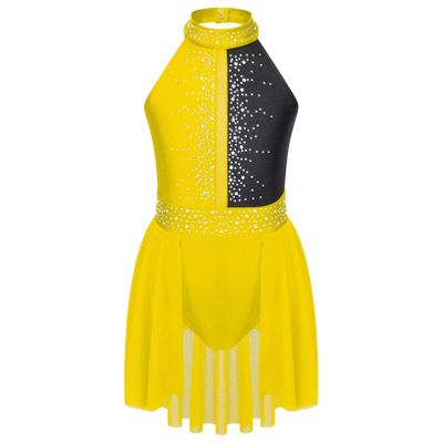 JEATHA Kids Girls Rhinestone Sleeveless Color Block Figure Skating Dress Gymnastic Ballet Dance Skirt Leotard Yellow&Black 16