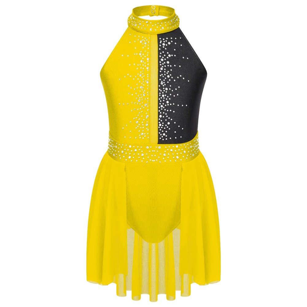 JEATHA Kids Girls Rhinestone Sleeveless Color Block Figure Skating Dress Gymnastic Ballet Dance Skirt Leotard Yellow&Black 16