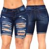 JEKE-DG Women's Knee Length Ripped Jean Shorts Destroyed Denim Bermuda Jean Shorts Stretchy High Waist Hole Denim Shorts (Small,Dark Blue) view 2