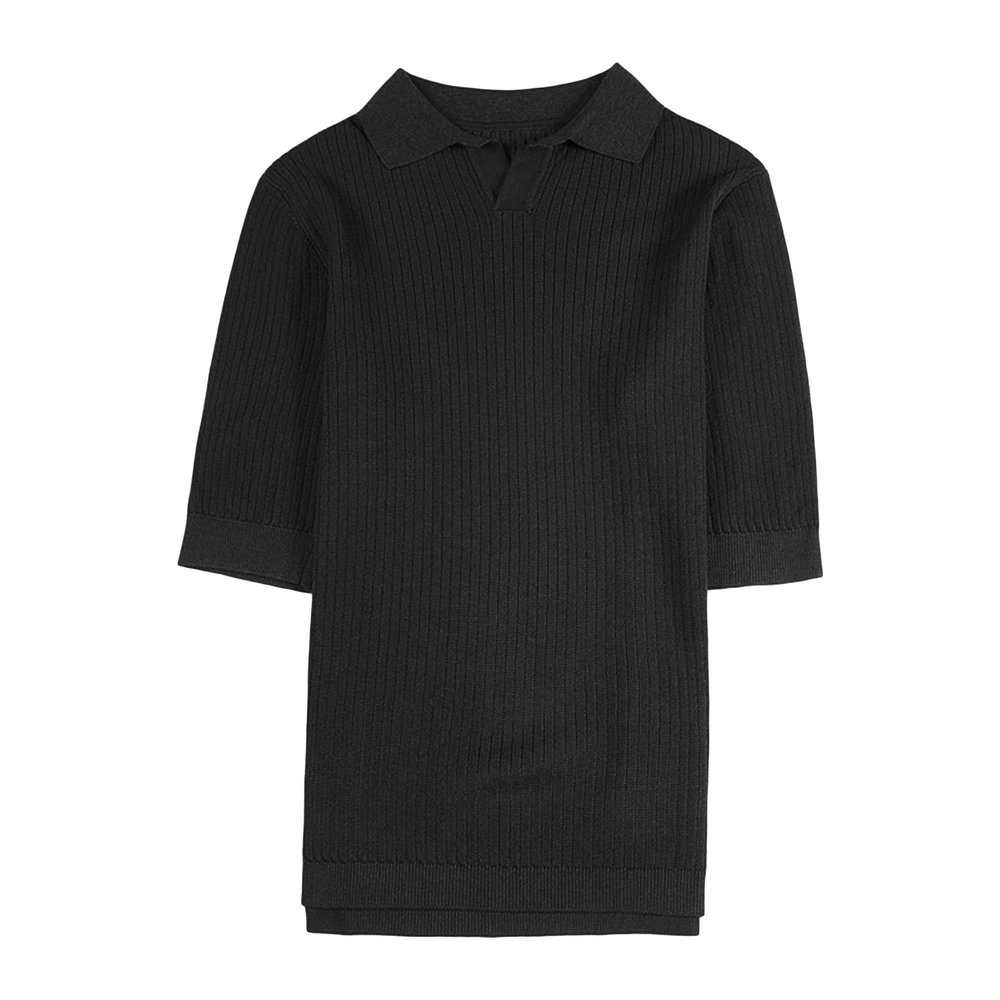Maiyifu-GJ Men's Muscle V Neck Polo Tee Casual Slim Fit Ribbed Workout Tee Shirts Cotton Knit Soft Golf Short Sleeve (Black,US SIZE L Asia XL)