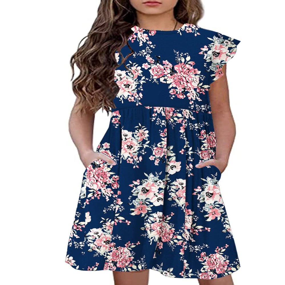 21KIDS Girls Floral Dress Kids Boho Ruffle Sleeve Pleated Casual Dress with Pockets for Girls, Navy, 6 Years