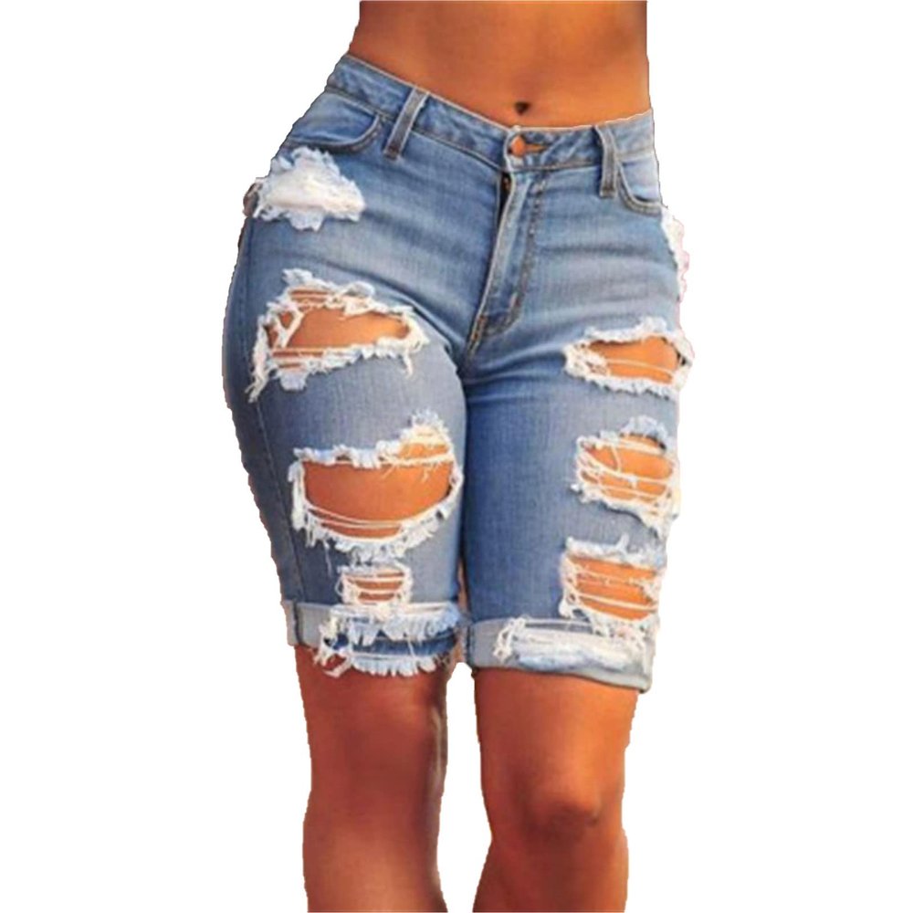 JEKE-DG Womens High Waist Ripped Short Jeans Washed Summer Hole Casual Short Jeans Destroyed Stretchy Shorts Jeans (XX-Large,Light Blue)