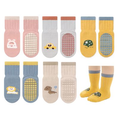 YALOJE Baby Non Slip Socks with Grippers Cute Infant Anti Slip socks for Toddler and Kids Walking Crew Socks 5 pairs Colors F6-12 Months