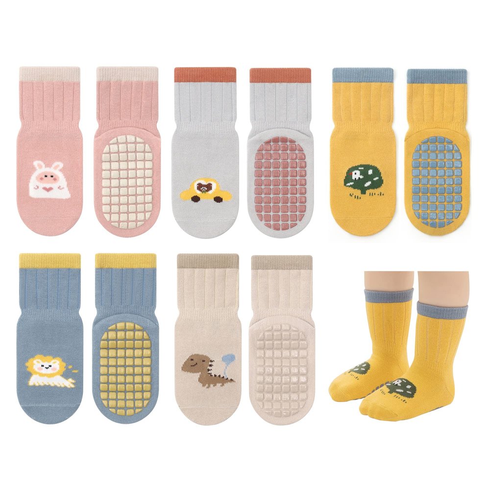 YALOJE Baby Non Slip Socks with Grippers Cute Infant Anti Slip socks for Toddler and Kids Walking Crew Socks 5 pairs Colors F6-12 Months