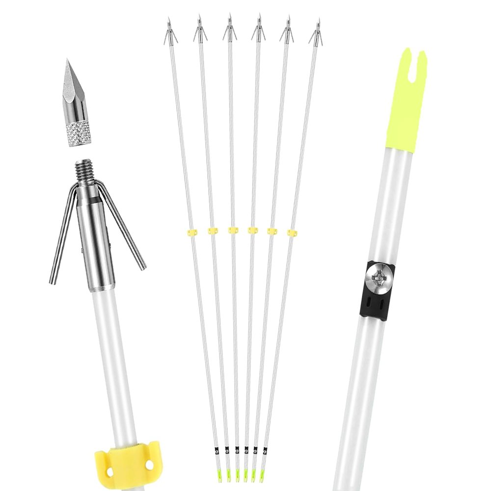 LEANPRO Bowfishing Arrows 6 Pack with Broadheads and Safty Slides 32 inches Archery Fiberglass for Compound Bow Recurve Bow Fishing Hunting