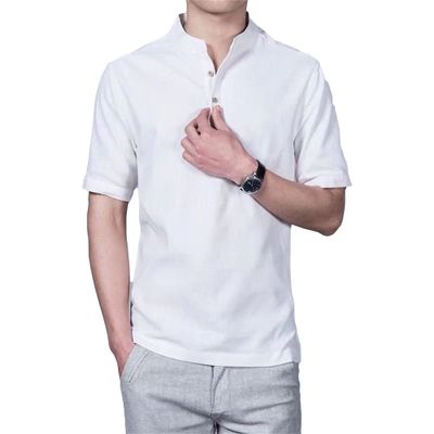 Maiyifu-GJ Mens Slim Cotton Linen T Shirt Stand Collar Button V Neck Beach Tee Casual Hippie Short Sleeves (White,US SIZE L Asia XL)