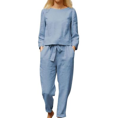 JOFOW Women Cotton Li NEN Suit Fashion Comfortable Short Sleeve and Long Pants Solid Color