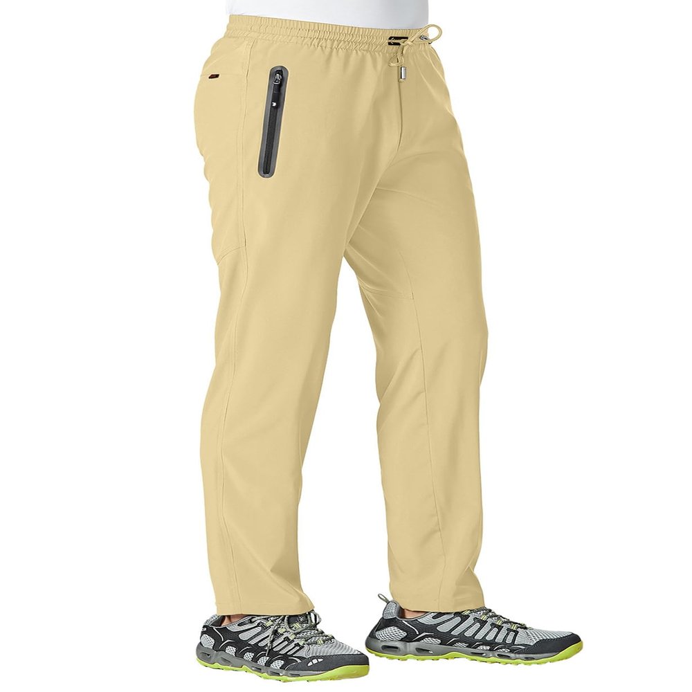 TBMPOY Men's Lightweight Hiking Travel Pants Athletic Outdoor Sports Elastic Waist Water Resistant Sweatpants 2 Pockets Light Khaki XXL