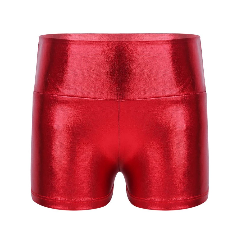 Sxiwei Kids Girls Metallic Dance Shorts High Waist Gymnastic Workout Bottoms for Sportswear Red 12 Years