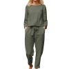 JOFOW Women Cotton Li NEN Suit Fashion Comfortable Short Sleeve and Long Pants Solid Color