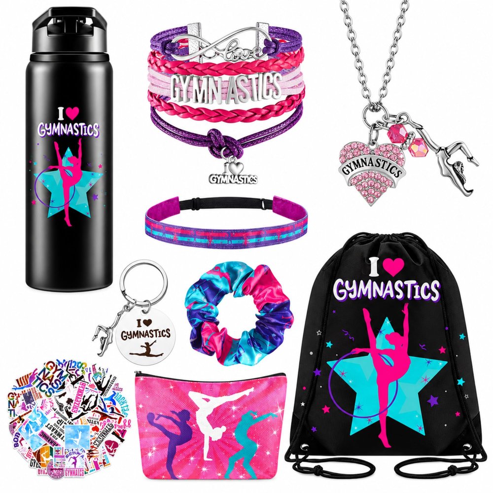 Kigeli 9 Piece Gymnastics Gift Set, Bottle, Drawstring Bag & 50 Stickers