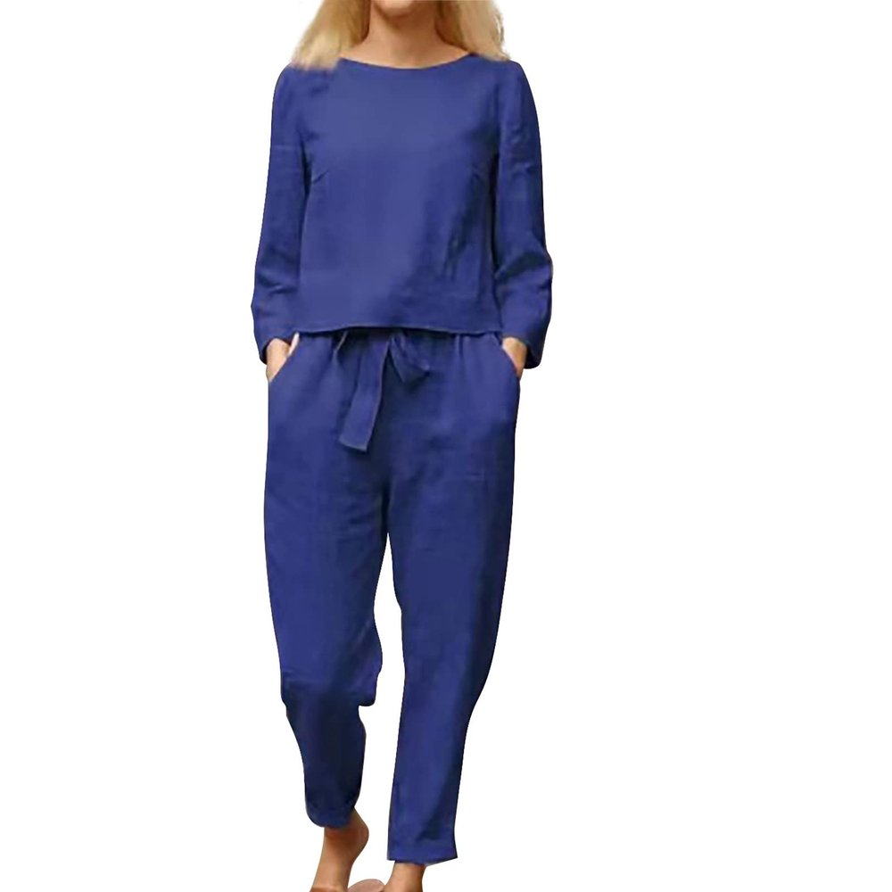 JOFOW Women Cotton Li NEN Suit Fashion Comfortable Short Sleeve and Long Pants Solid Color