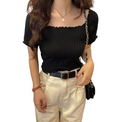 OFF LINE NECK VINTAGE FITTED SHORT KNIT STYLE CHIC PULL-UP SHOULDER TOP MESH RED SHORT SLEEVE T-SHIRT WOMEN