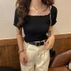 OFF LINE NECK VINTAGE FITTED SHORT KNIT STYLE CHIC PULL-UP SHOULDER TOP MESH RED SHORT SLEEVE T-SHIRT WOMEN view 2