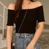 OFF LINE NECK VINTAGE FITTED SHORT KNIT STYLE CHIC PULL-UP SHOULDER TOP MESH RED SHORT SLEEVE T-SHIRT WOMEN view 3