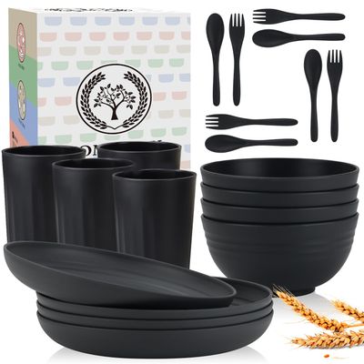 Homienly Wheat Straw Dinnerware Sets, Homienly 20pcs Unbreakable Microwave Dishwasher Safe Tableware Lightweight Bowls, Cups, Plates Set Reusable Dinner Plates Bowls set (Matte Black)