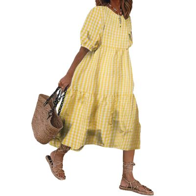 ebossy Women's Summer Spliced Ruffled Bubble Sleeve Plaid A-line Oversized Flowy Mid Long Dress (L,A-Yellow)