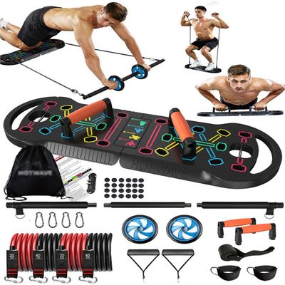 HOTWAVE Portable Exercise Equipment with 16 Gym Accessories,20 in 1 Push Up Board Fitness,Resistance Bands with Ab Roller Wheel,Full Body Workout at Home