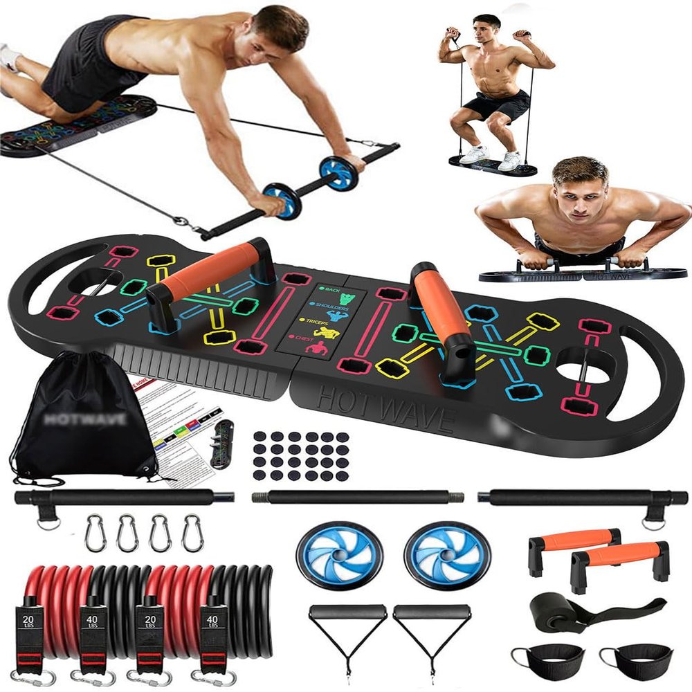 HOTWAVE Portable Exercise Equipment with 16 Gym Accessories,20 in 1 Push Up Board Fitness,Resistance Bands with Ab Roller Wheel,Full Body Workout at Home